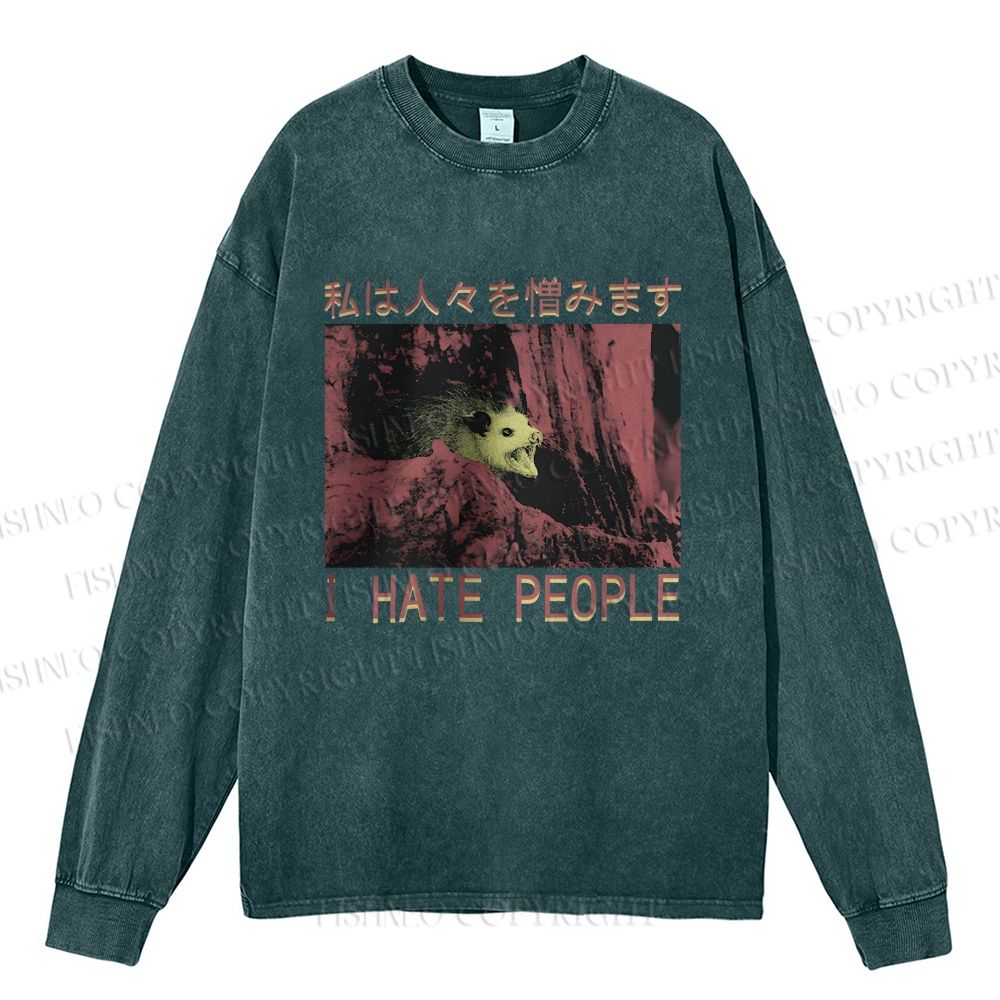 Unisex Casual Washed I Hate People Printed Long Sleeve T-shirt
