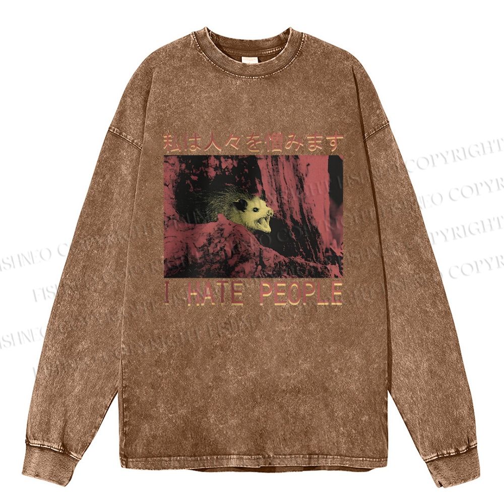 Unisex Casual Washed I Hate People Printed Long Sleeve T-shirt