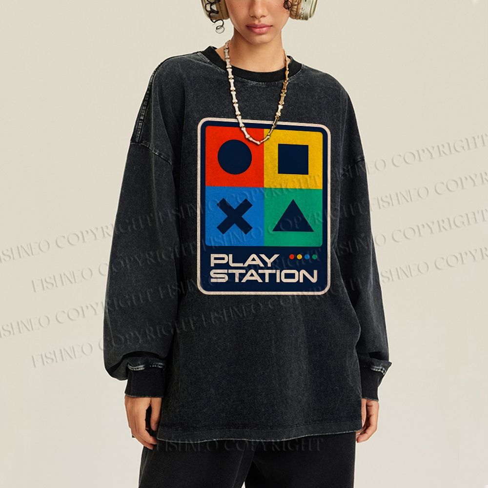 Unisex Casual Washed Play Station Printed Long Sleeve T-shirt