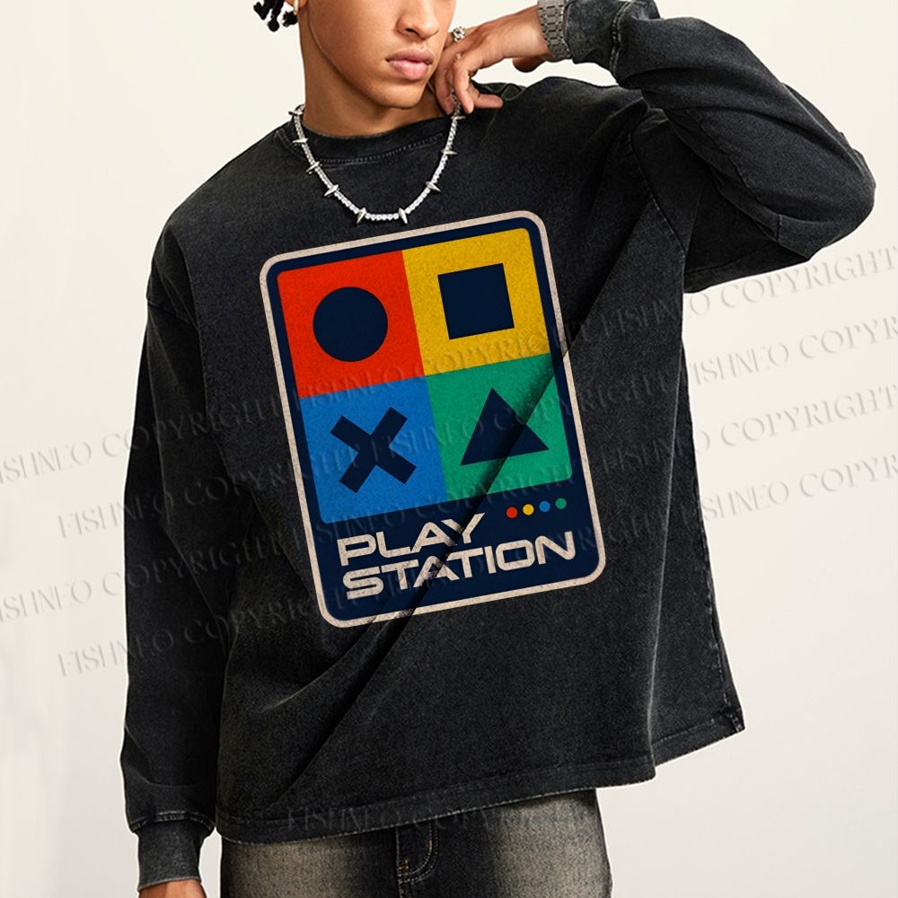 Unisex Casual Washed Play Station Printed Long Sleeve T-shirt