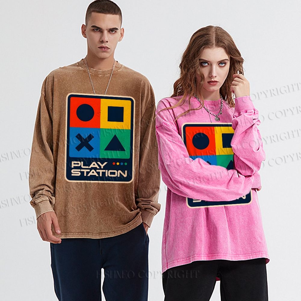 Unisex Casual Washed Play Station Printed Long Sleeve T-shirt