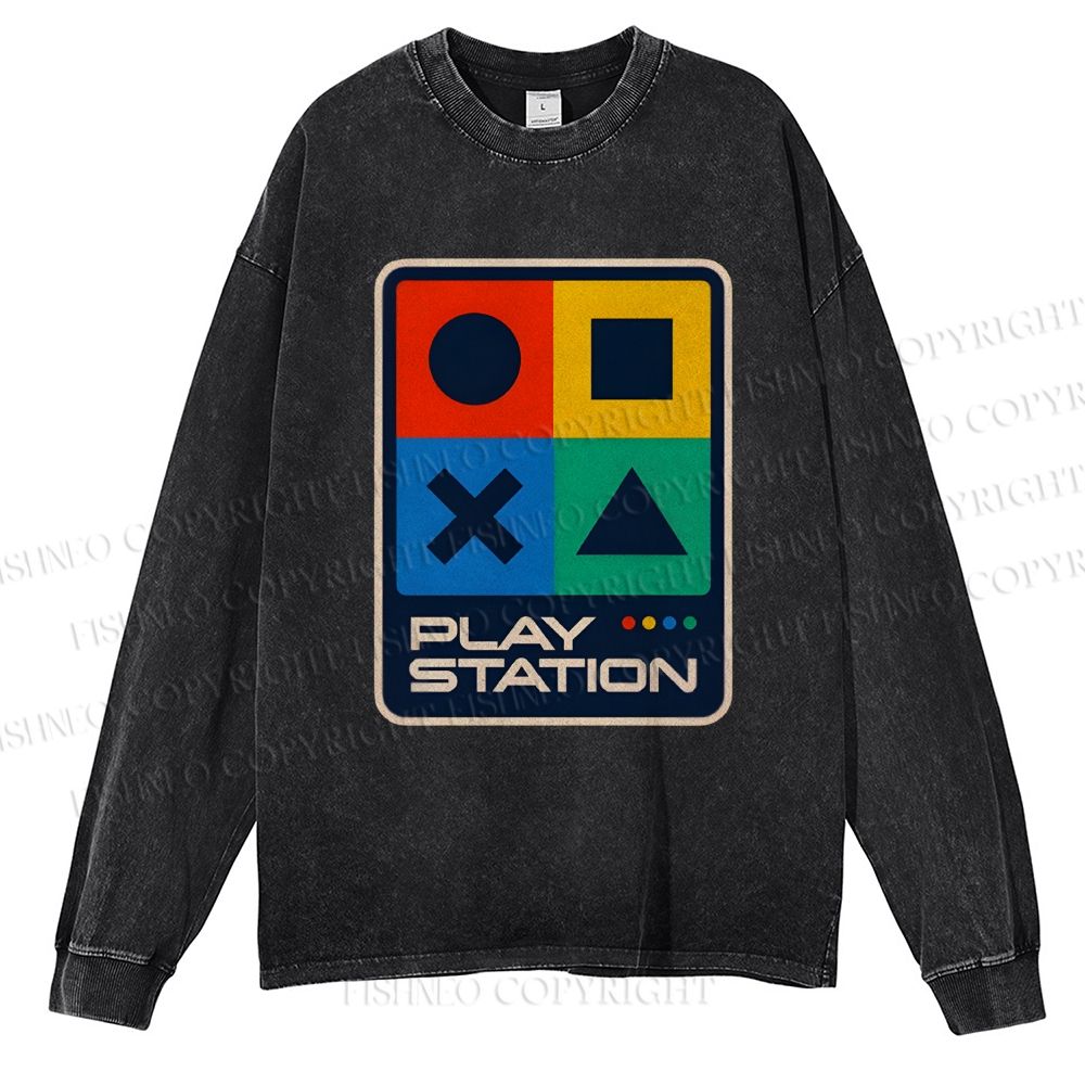 Unisex Casual Washed Play Station Printed Long Sleeve T-shirt