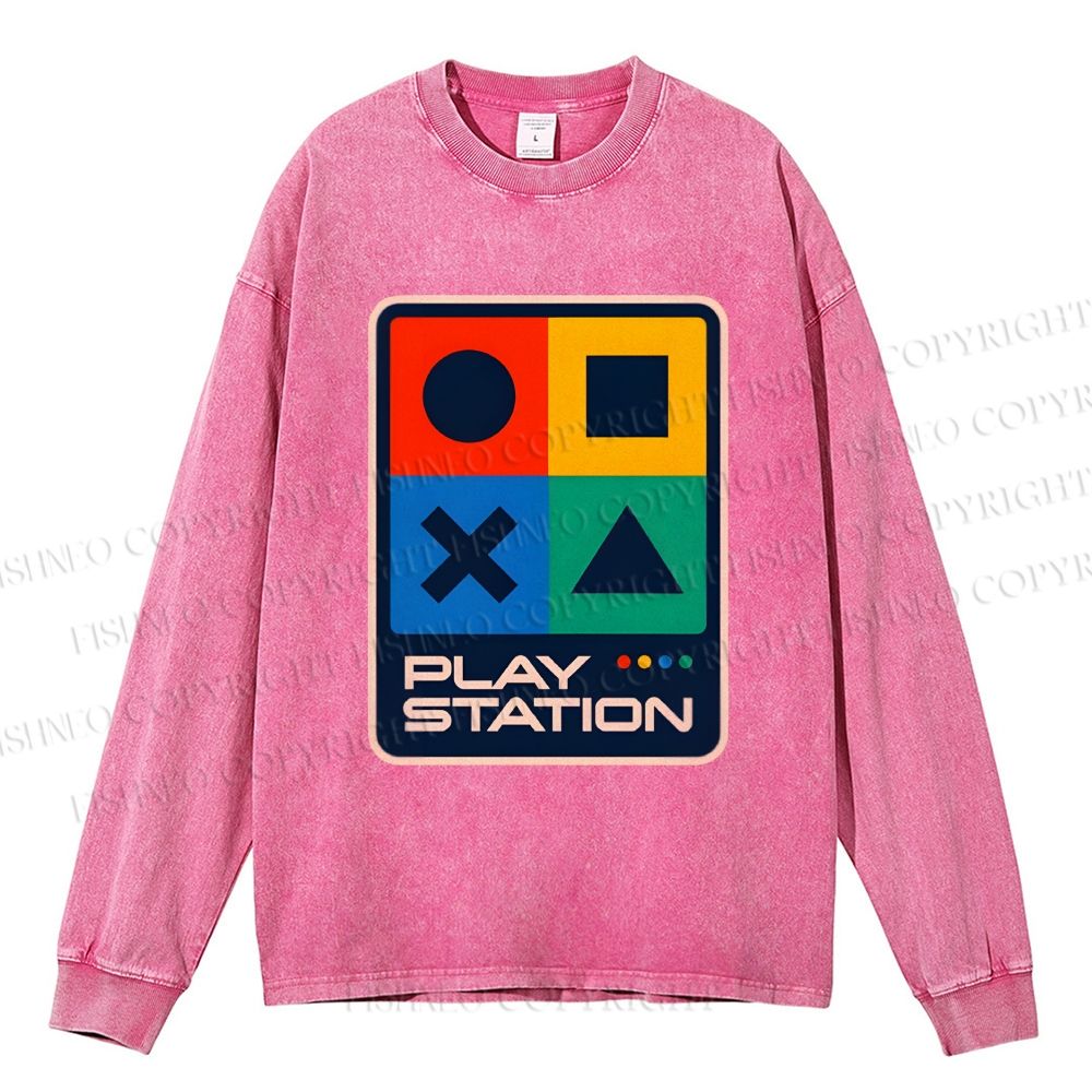Unisex Casual Washed Play Station Printed Long Sleeve T-shirt