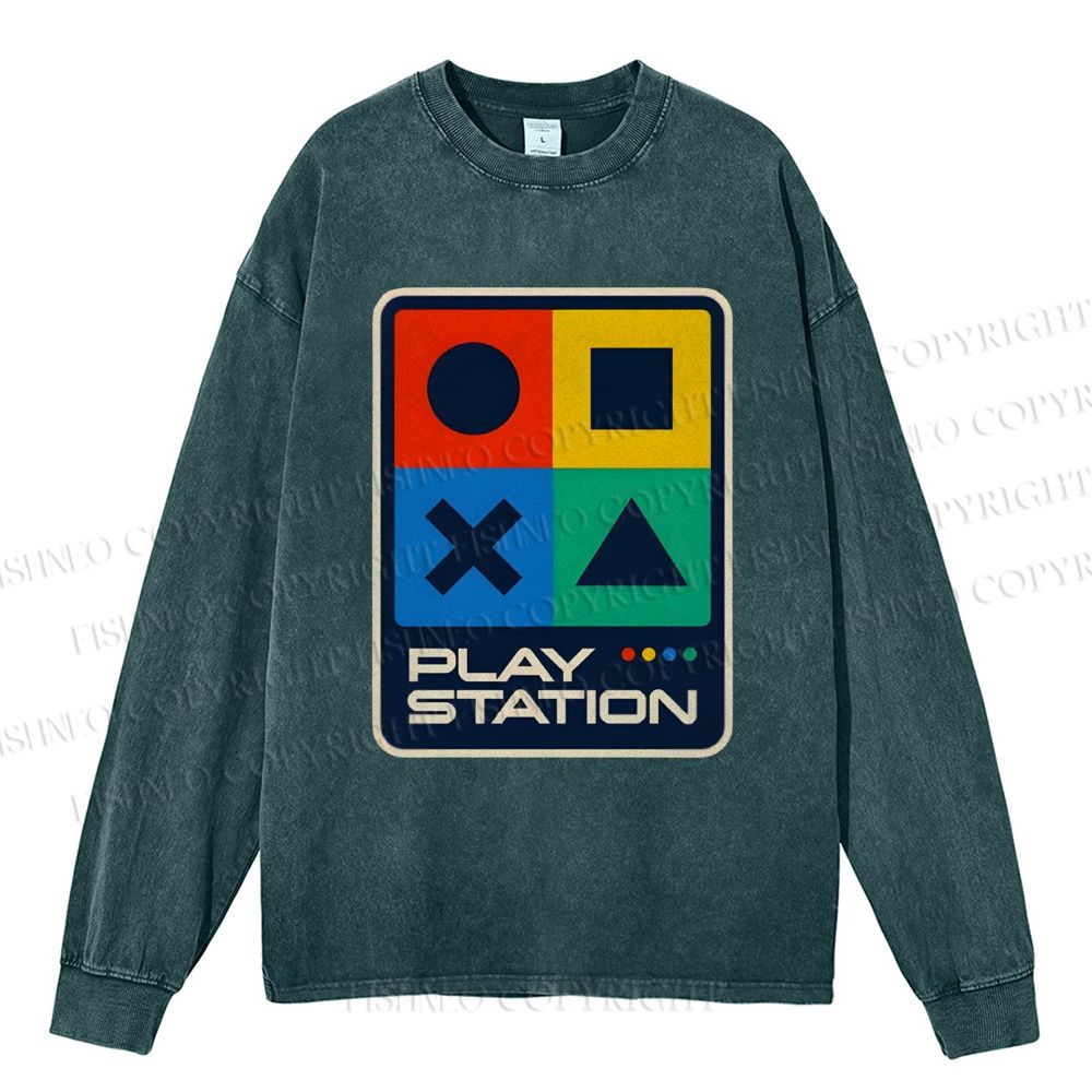 Unisex Casual Washed Play Station Printed Long Sleeve T-shirt