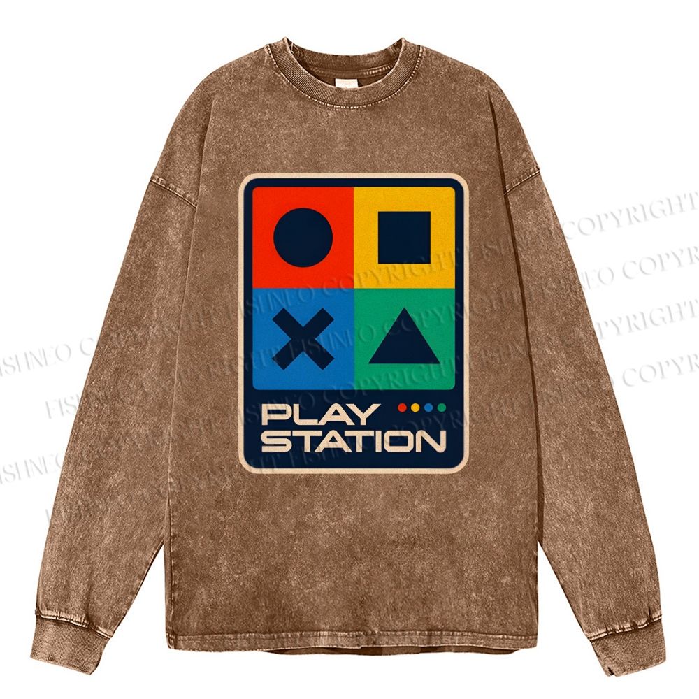 Unisex Casual Washed Play Station Printed Long Sleeve T-shirt