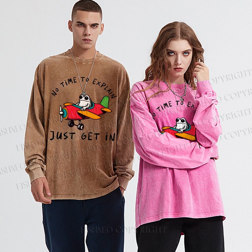 Unisex Casual Washed Frog Plane Printed Long Sleeve T-shirt