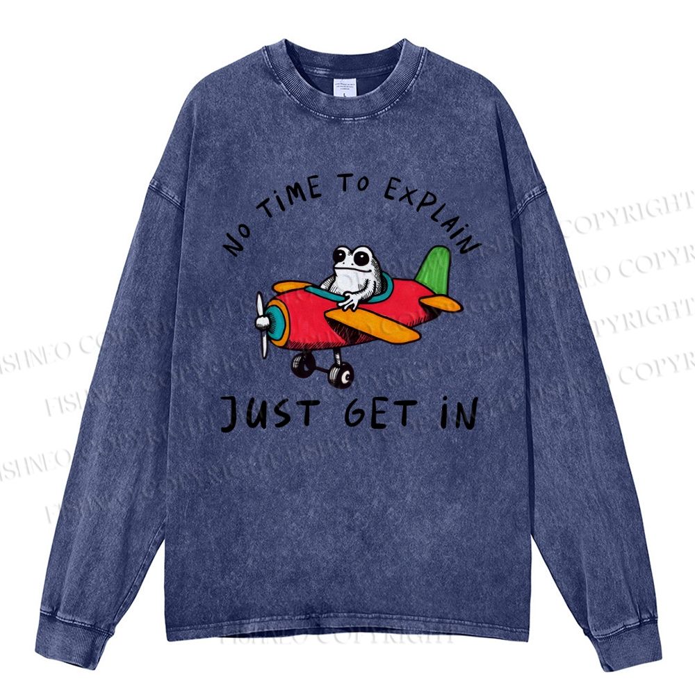 Unisex Casual Washed Frog Plane Printed Long Sleeve T-shirt