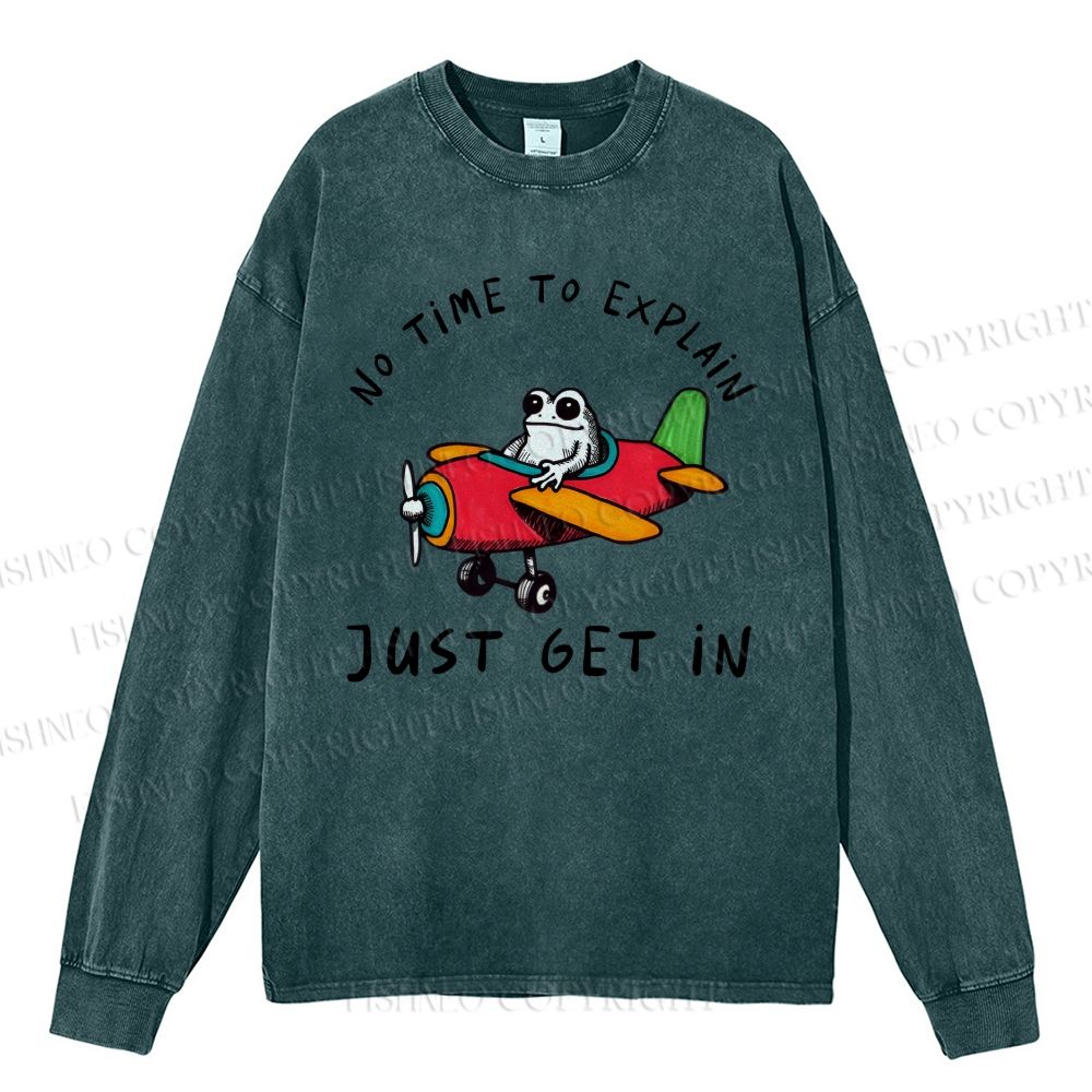 Unisex Casual Washed Frog Plane Printed Long Sleeve T-shirt