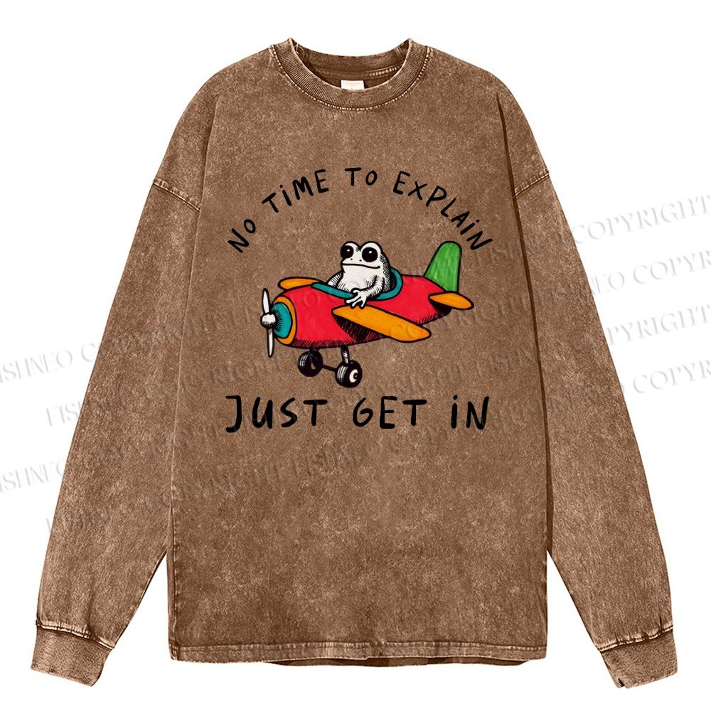 Unisex Casual Washed Frog Plane Printed Long Sleeve T-shirt
