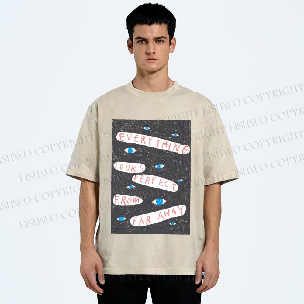 Unisex Artistic Abstract Eyes Printed Washed Tee