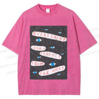 Unisex Artistic Abstract Eyes Printed Washed Tee