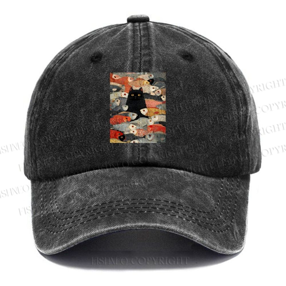 Unisex Vintage Japanese Black Cat Koi Fish Vintage Casual Washed Cap