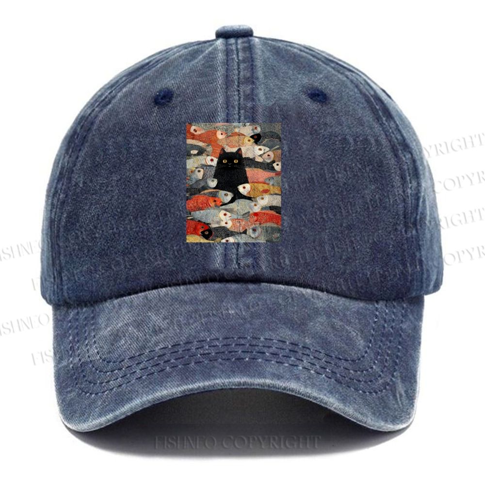 Unisex Vintage Japanese Black Cat Koi Fish Vintage Casual Washed Cap