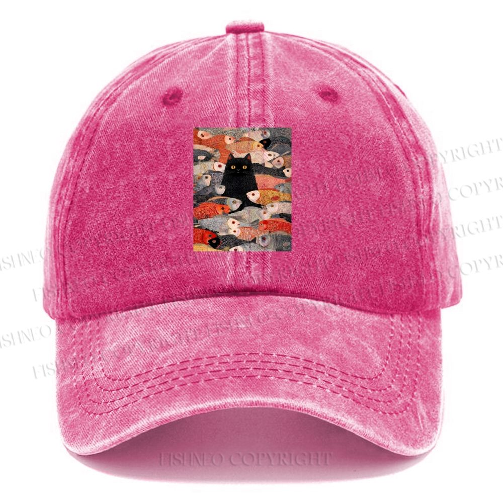 Unisex Vintage Japanese Black Cat Koi Fish Vintage Casual Washed Cap