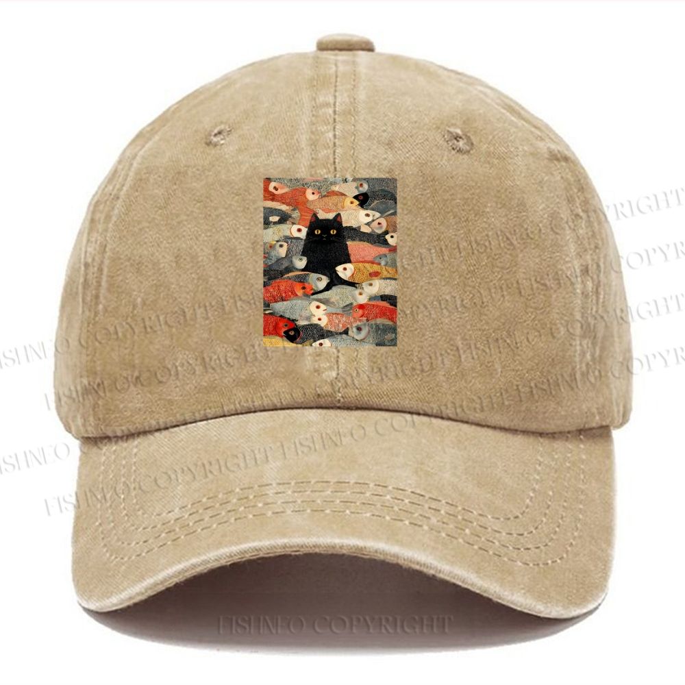 Unisex Vintage Japanese Black Cat Koi Fish Vintage Casual Washed Cap