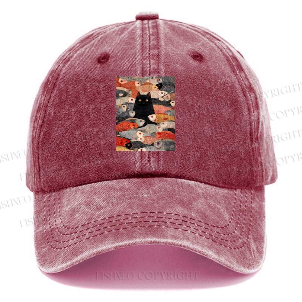 Unisex Vintage Japanese Black Cat Koi Fish Vintage Casual Washed Cap