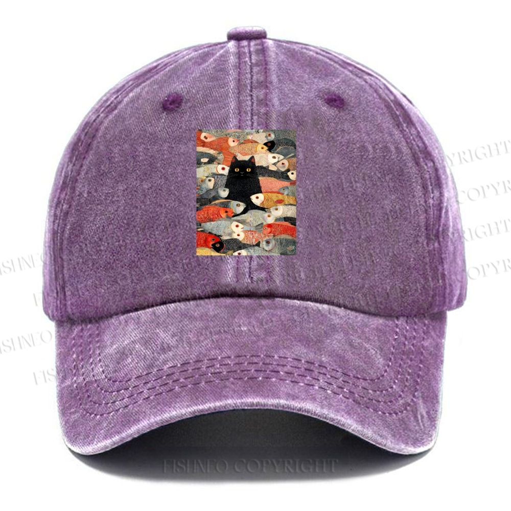 Unisex Vintage Japanese Black Cat Koi Fish Vintage Casual Washed Cap