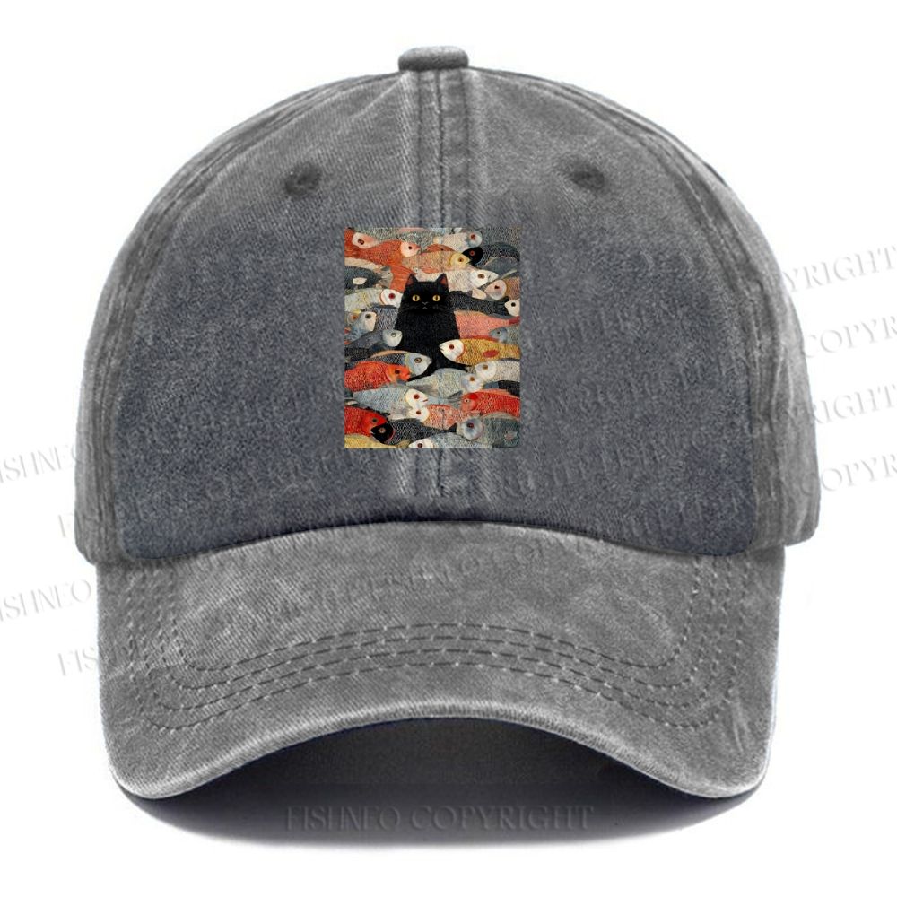 Unisex Vintage Japanese Black Cat Koi Fish Vintage Casual Washed Cap