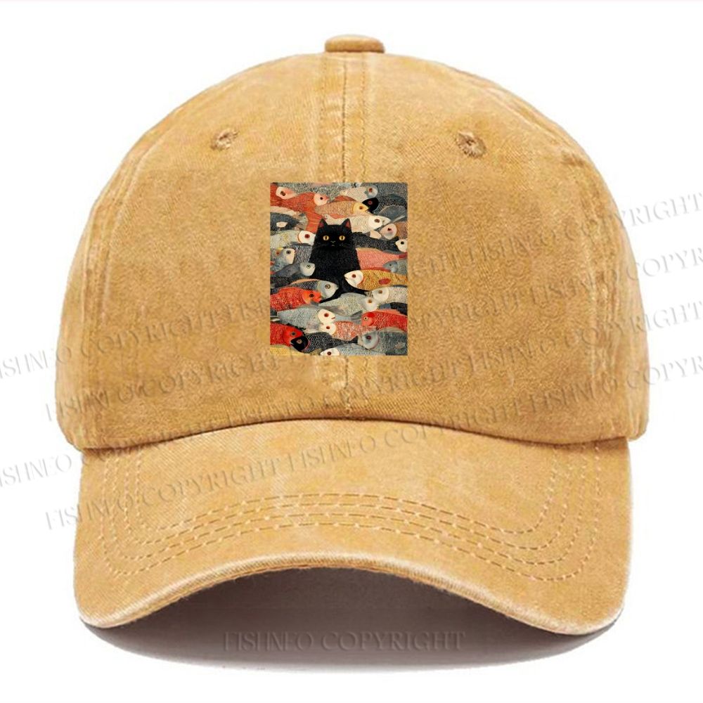 Unisex Vintage Japanese Black Cat Koi Fish Vintage Casual Washed Cap
