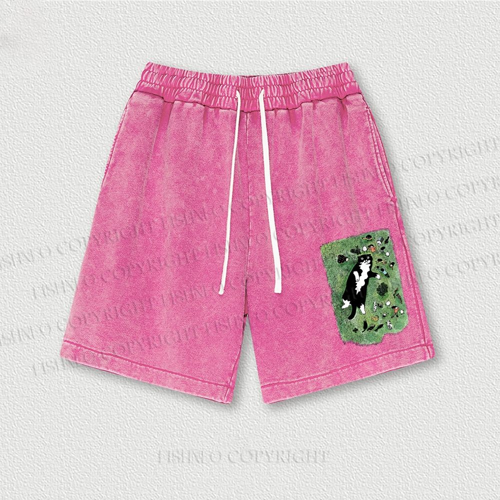 Cute Cat Graffiti Washed Vintage Shorts