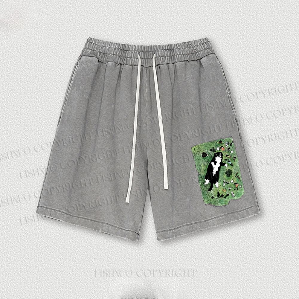 Cute Cat Graffiti Washed Vintage Shorts