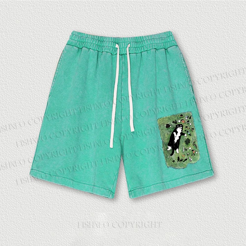 Cute Cat Graffiti Washed Vintage Shorts
