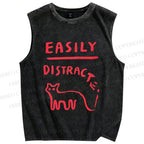 Unisex Cat Printed Washed Tank Top
