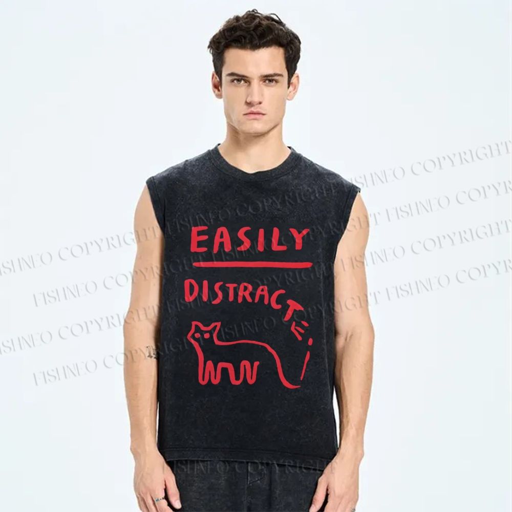 Unisex Cat Printed Washed Tank Top