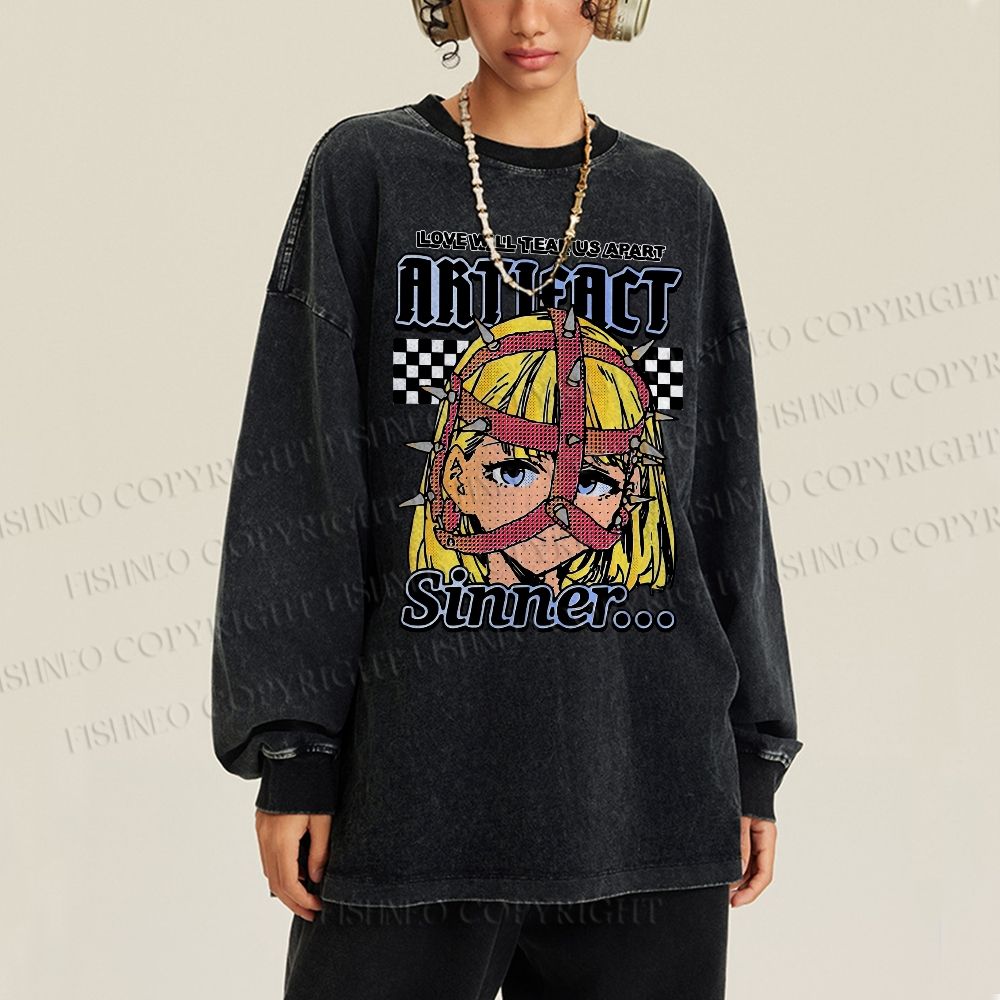 Unisex Casual Washed Vintage Anime Printed Long Sleeve T-shirt