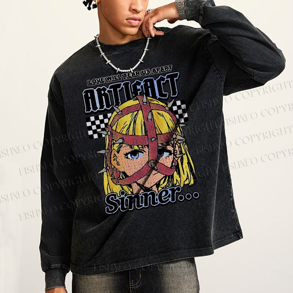 Unisex Casual Washed Vintage Anime Printed Long Sleeve T-shirt