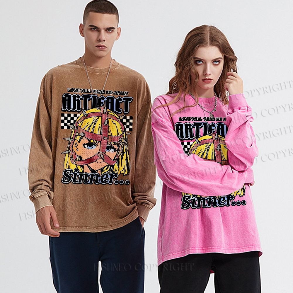 Unisex Casual Washed Vintage Anime Printed Long Sleeve T-shirt