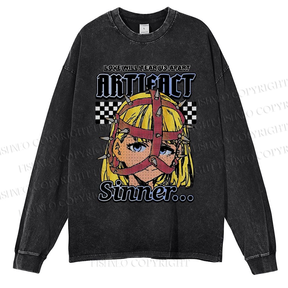 Unisex Casual Washed Vintage Anime Printed Long Sleeve T-shirt