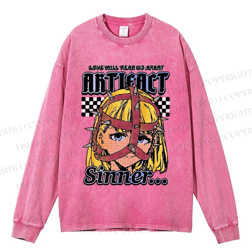 Unisex Casual Washed Vintage Anime Printed Long Sleeve T-shirt