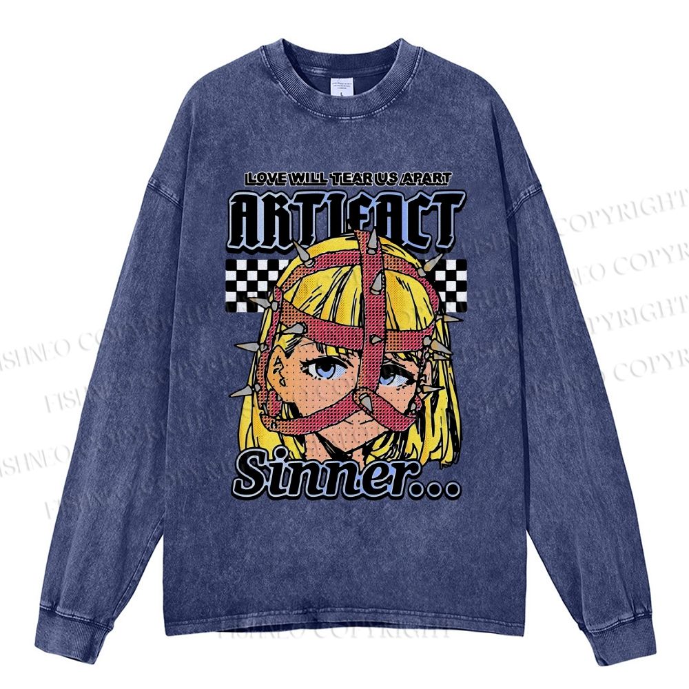 Unisex Casual Washed Vintage Anime Printed Long Sleeve T-shirt