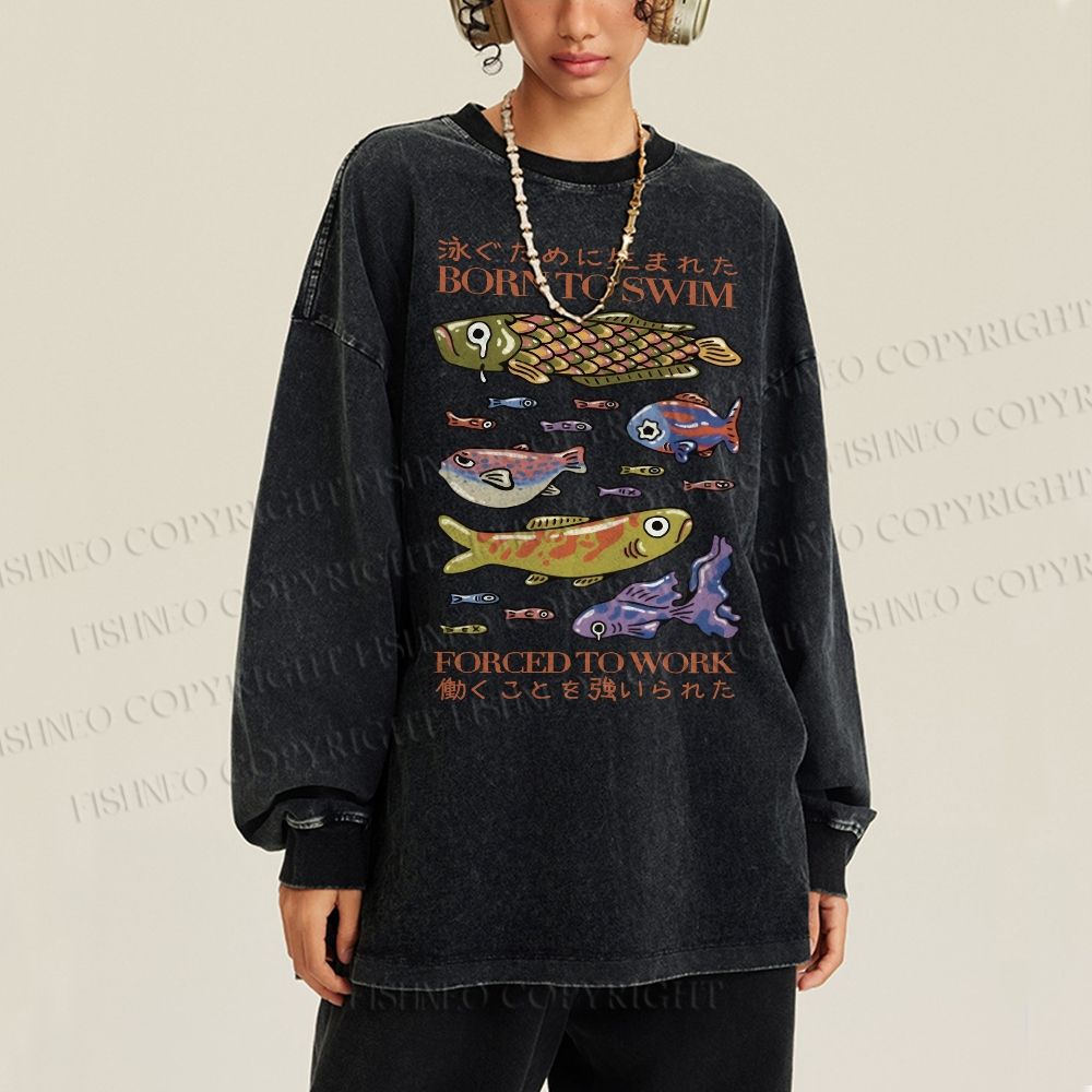 Unisex Casual Washed Vintage Japanese Fish Printed Long Sleeve T-shirt