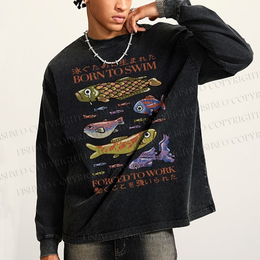 Unisex Casual Washed Vintage Japanese Fish Printed Long Sleeve T-shirt