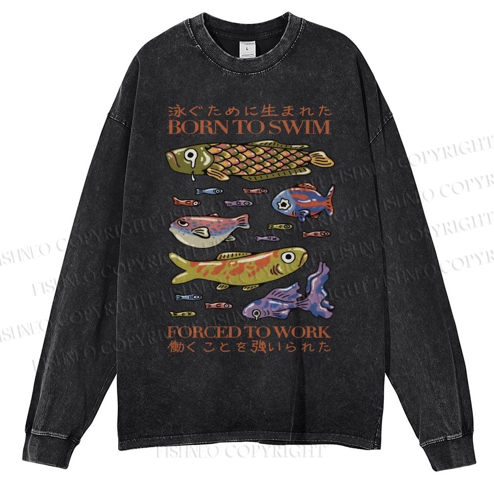 Unisex Casual Washed Vintage Japanese Fish Printed Long Sleeve T-shirt