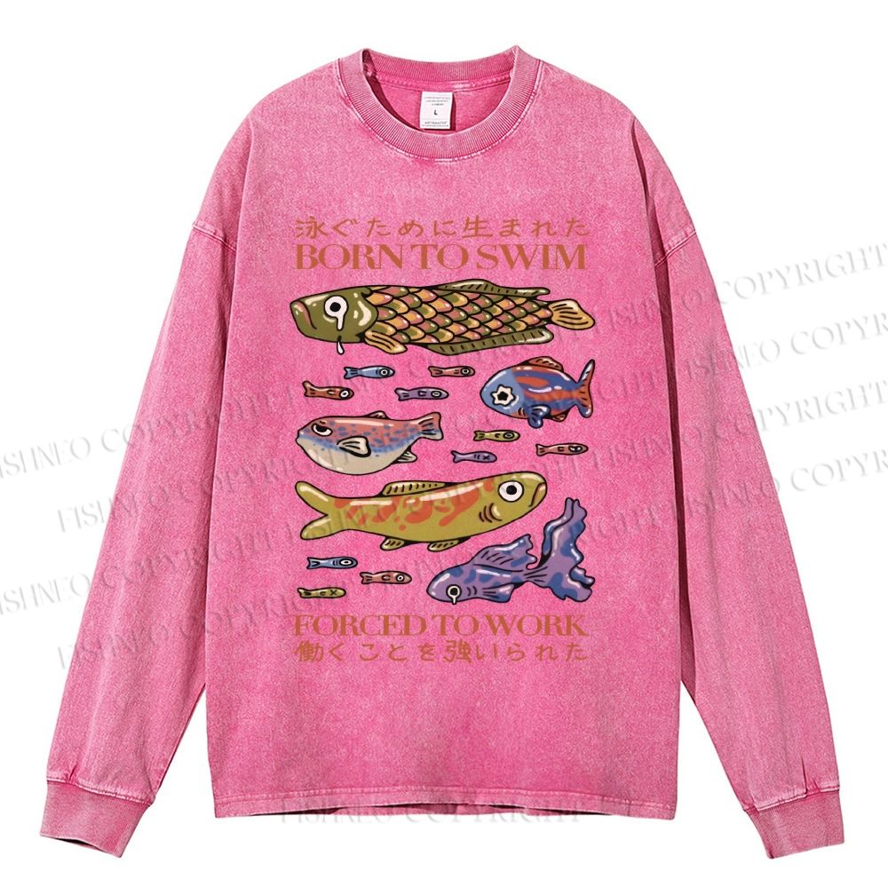 Unisex Casual Washed Vintage Japanese Fish Printed Long Sleeve T-shirt