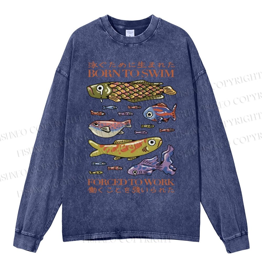 Unisex Casual Washed Vintage Japanese Fish Printed Long Sleeve T-shirt
