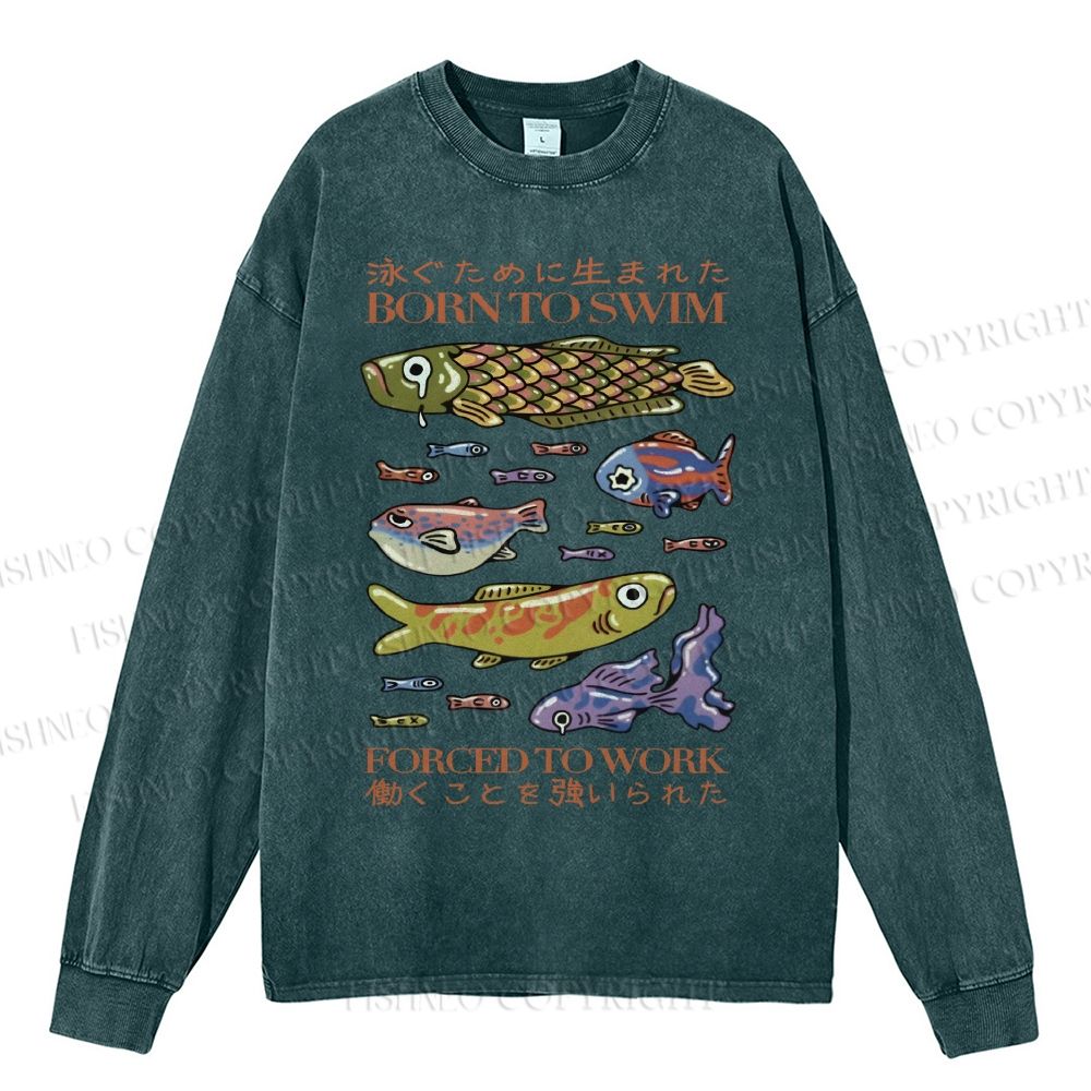 Unisex Casual Washed Vintage Japanese Fish Printed Long Sleeve T-shirt