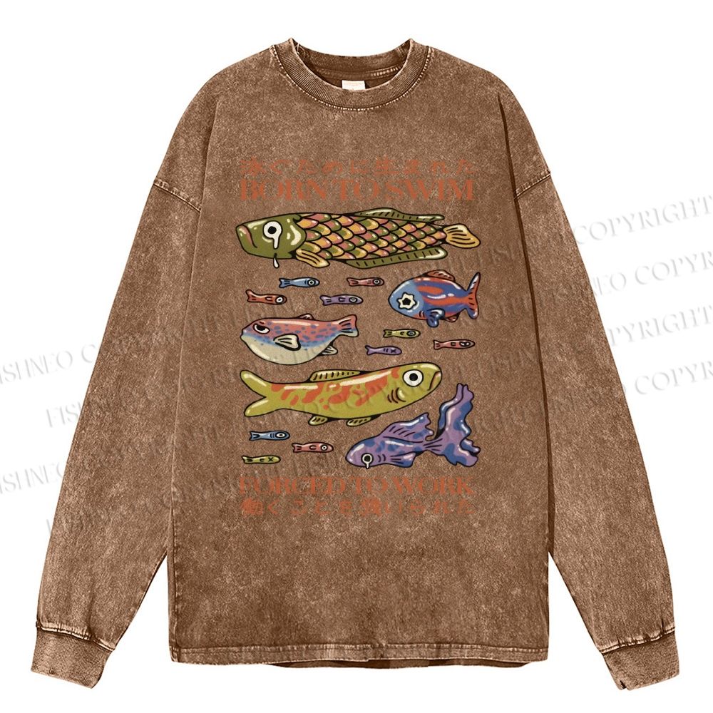 Unisex Casual Washed Vintage Japanese Fish Printed Long Sleeve T-shirt