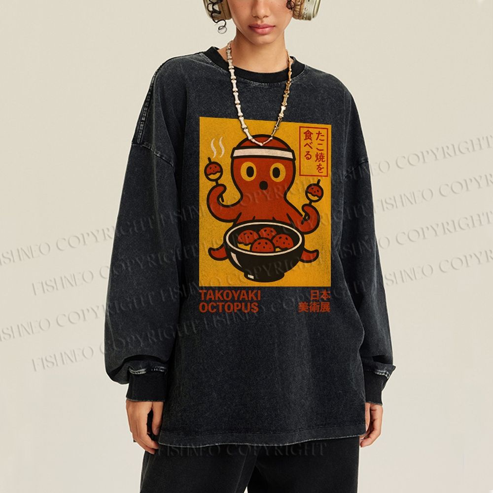 Unisex Casual Washed Vintage Japanese Octopus Printed Long Sleeve T-shirt