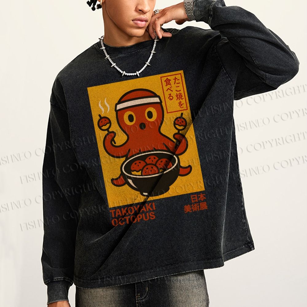 Unisex Casual Washed Vintage Japanese Octopus Printed Long Sleeve T-shirt
