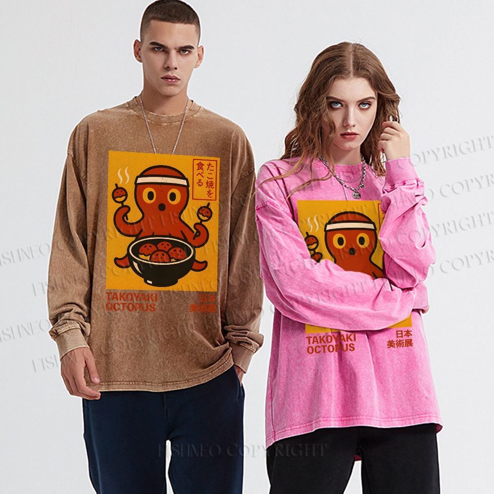 Unisex Casual Washed Vintage Japanese Octopus Printed Long Sleeve T-shirt