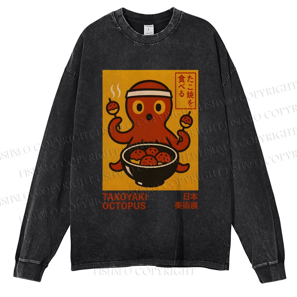 Unisex Casual Washed Vintage Japanese Octopus Printed Long Sleeve T-shirt