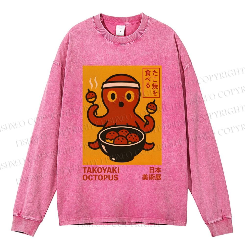 Unisex Casual Washed Vintage Japanese Octopus Printed Long Sleeve T-shirt