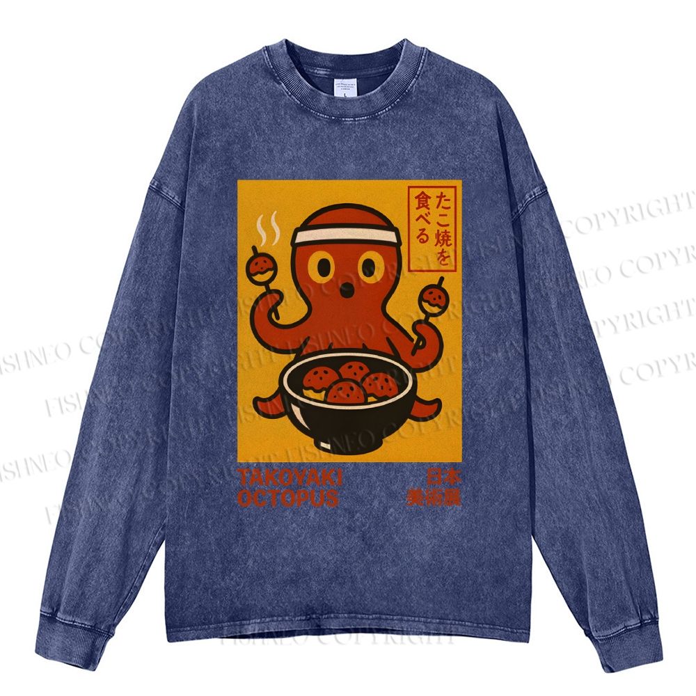 Unisex Casual Washed Vintage Japanese Octopus Printed Long Sleeve T-shirt