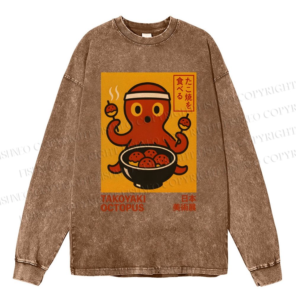 Unisex Casual Washed Vintage Japanese Octopus Printed Long Sleeve T-shirt