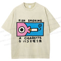 Unisex Japanese Fish Smoking A Cigarette Printed Washed Tee