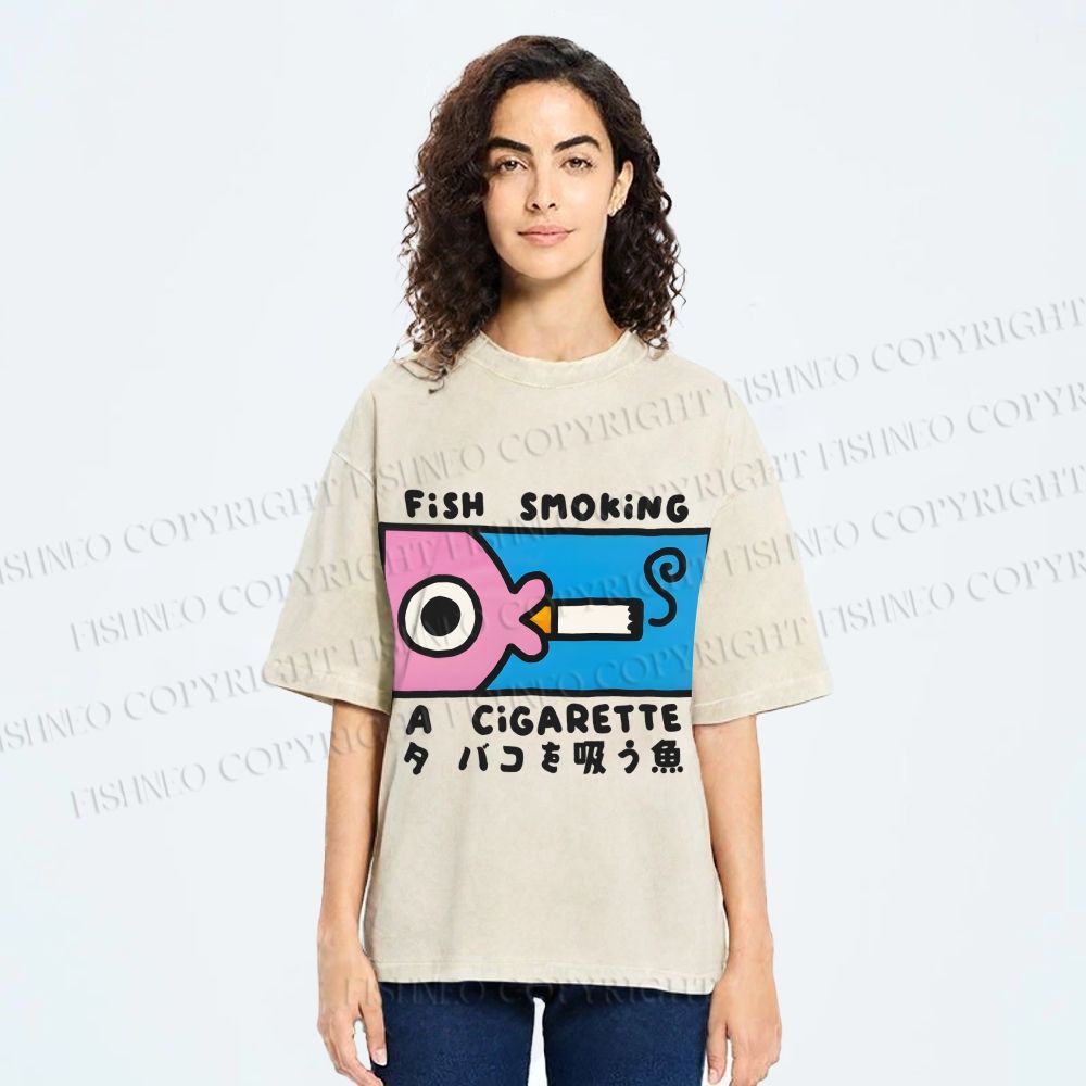 Unisex Japanese Fish Smoking A Cigarette Printed Washed Tee